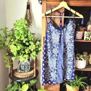 UPCYCLED Blue Boho MultiPrint Strappy Mini Dress Loose Fit, Medium